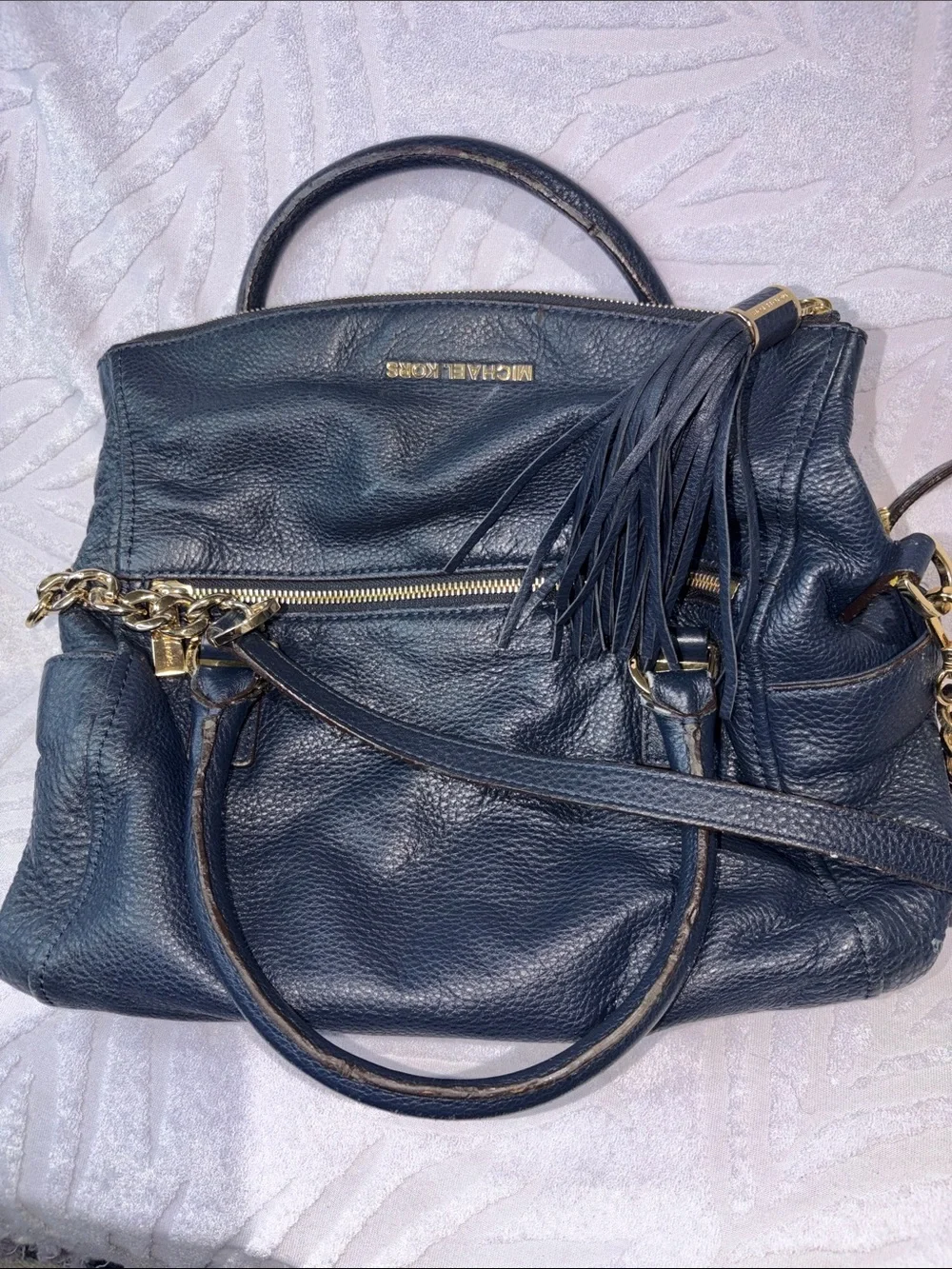Michael Kors Navy Pebbled Leather Shoulder Bag with Gold Hardware